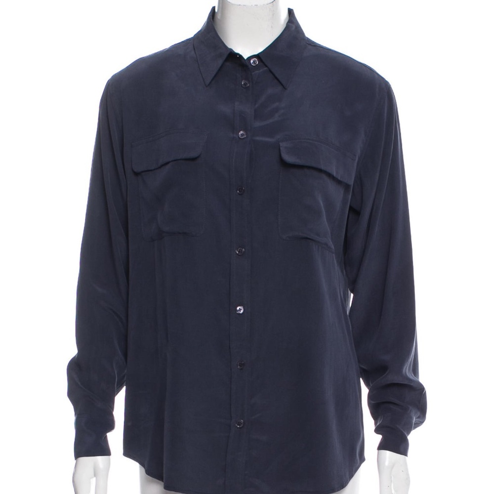 Equipment Navy Blue Silk Button Down Shirt